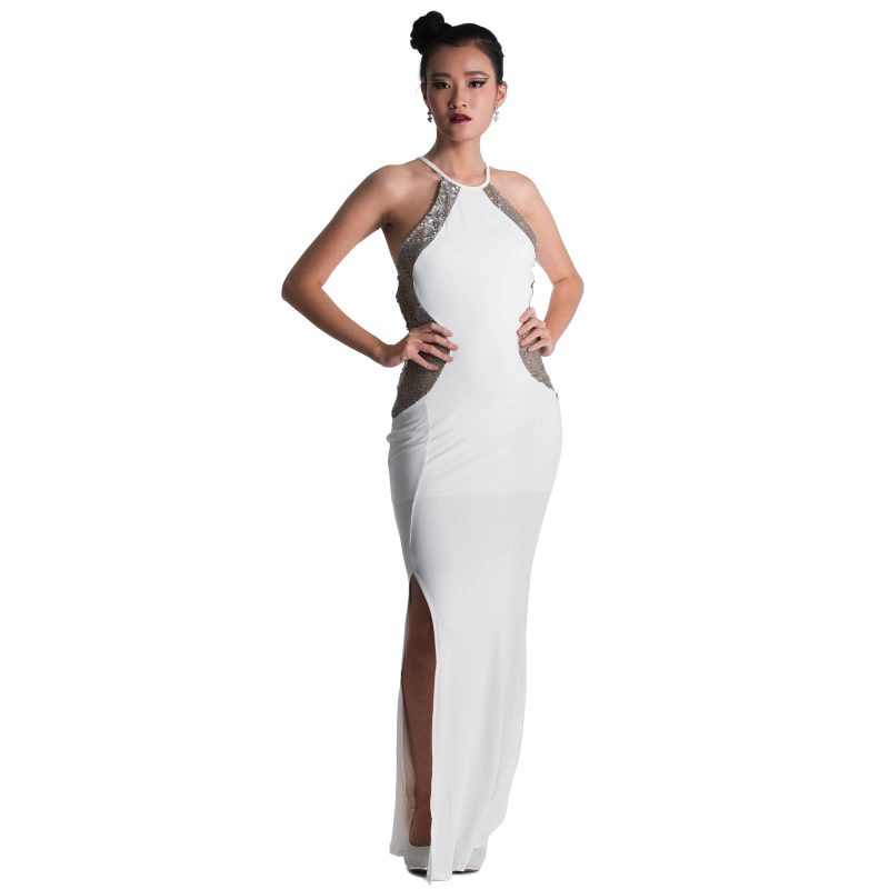 Strap slit white sequin dresS